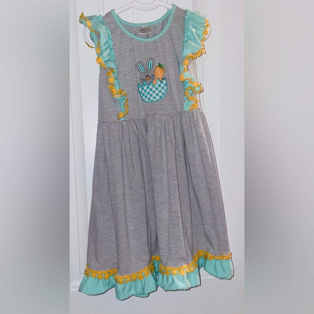 Boutique Girls Easter Bunny Dress Gray Striped Ruffle Size XXXL 10/12